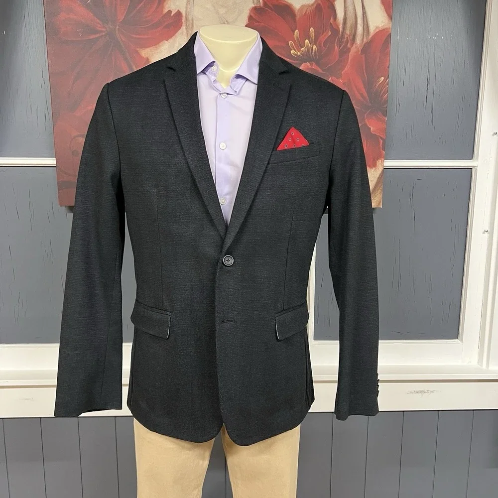 Banana Republic Blazer Mens 44R Slim Fit Jersey Poly Blend Stretch Dark Charcoal